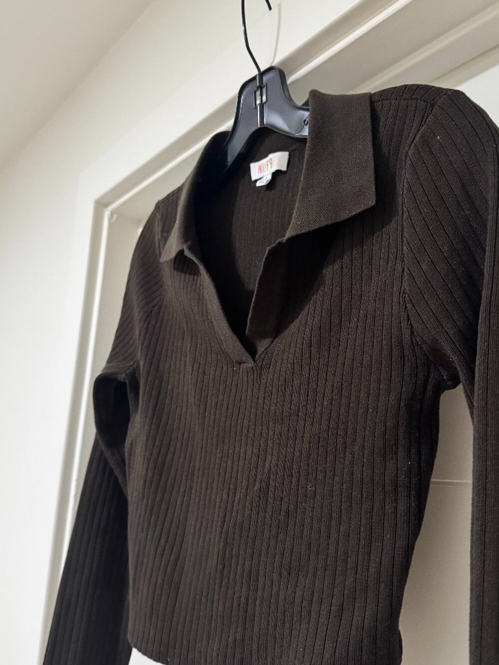 WAYF Brown Ribbed Collared Long Sleeve Top Sz S